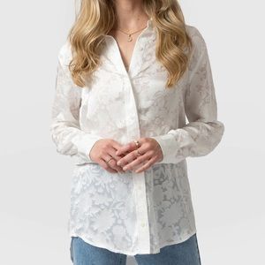 Saint + Sofia White Floral Burnout Boyfriend Button Up Collared Shirt